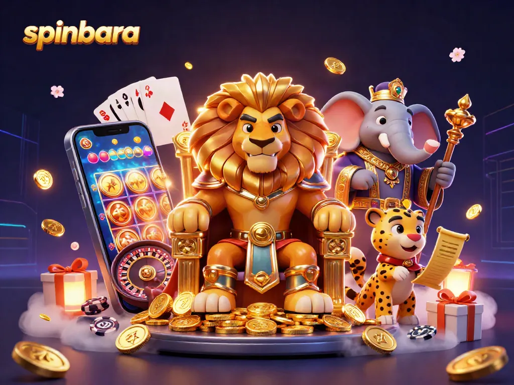 Engage in fun and entertainment at Spinbara Casino with vibrant 3D illustration showcasing thrilling gaming elements and characters.