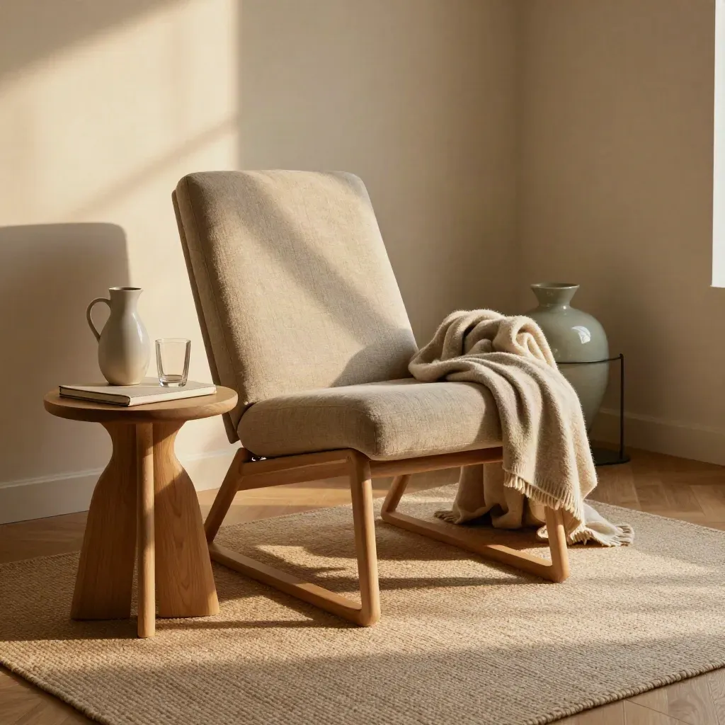 Sillón de terapia junto a jarra de agua, cuaderno cerrado y manta de lana en una sala cálida.
