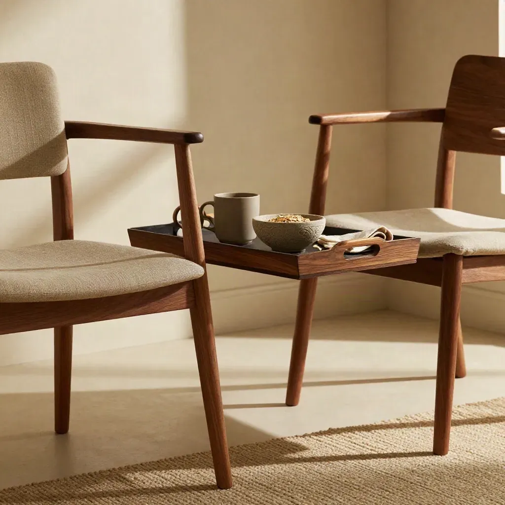 Dos sillones frente a frente con bandeja, tazas de cerámica y cuenco de piedra en luz cálida.
