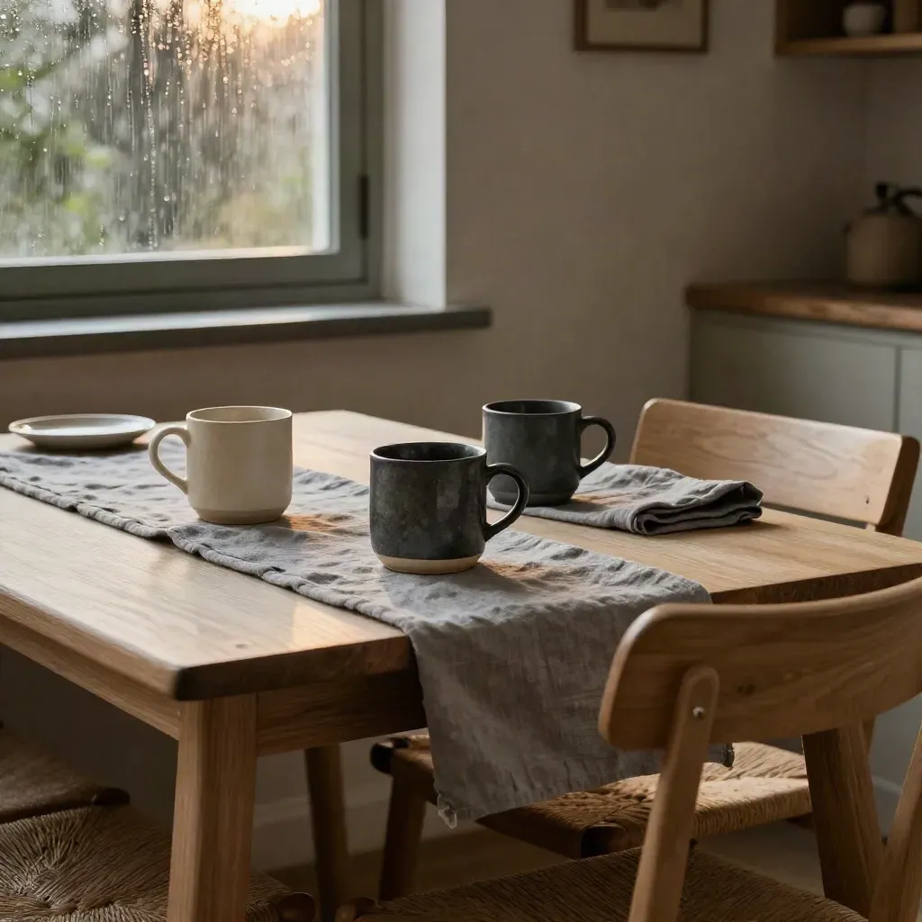 Rincón de comedor sereno con dos tazas, dos sillas separadas y un camino de lino doblado.