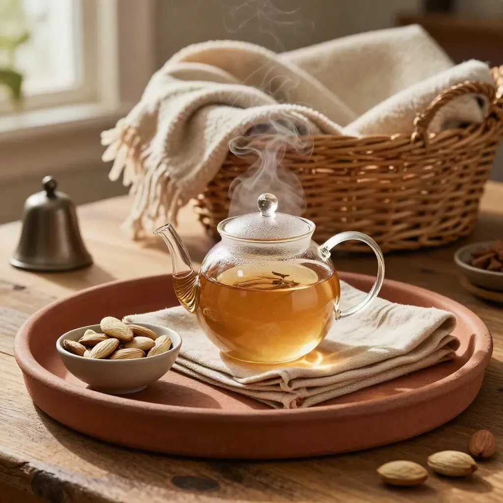 Charla de apoyo con té de hierbas, almendras, servilletas de lino, una campana cerámica y mantas.