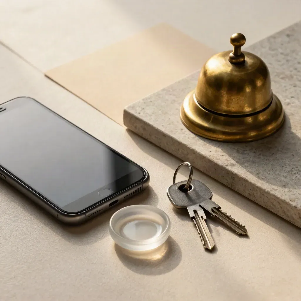 Smartphone boca abajo, llaves, campana y cuenco cerámico sobre bandeja de piedra.