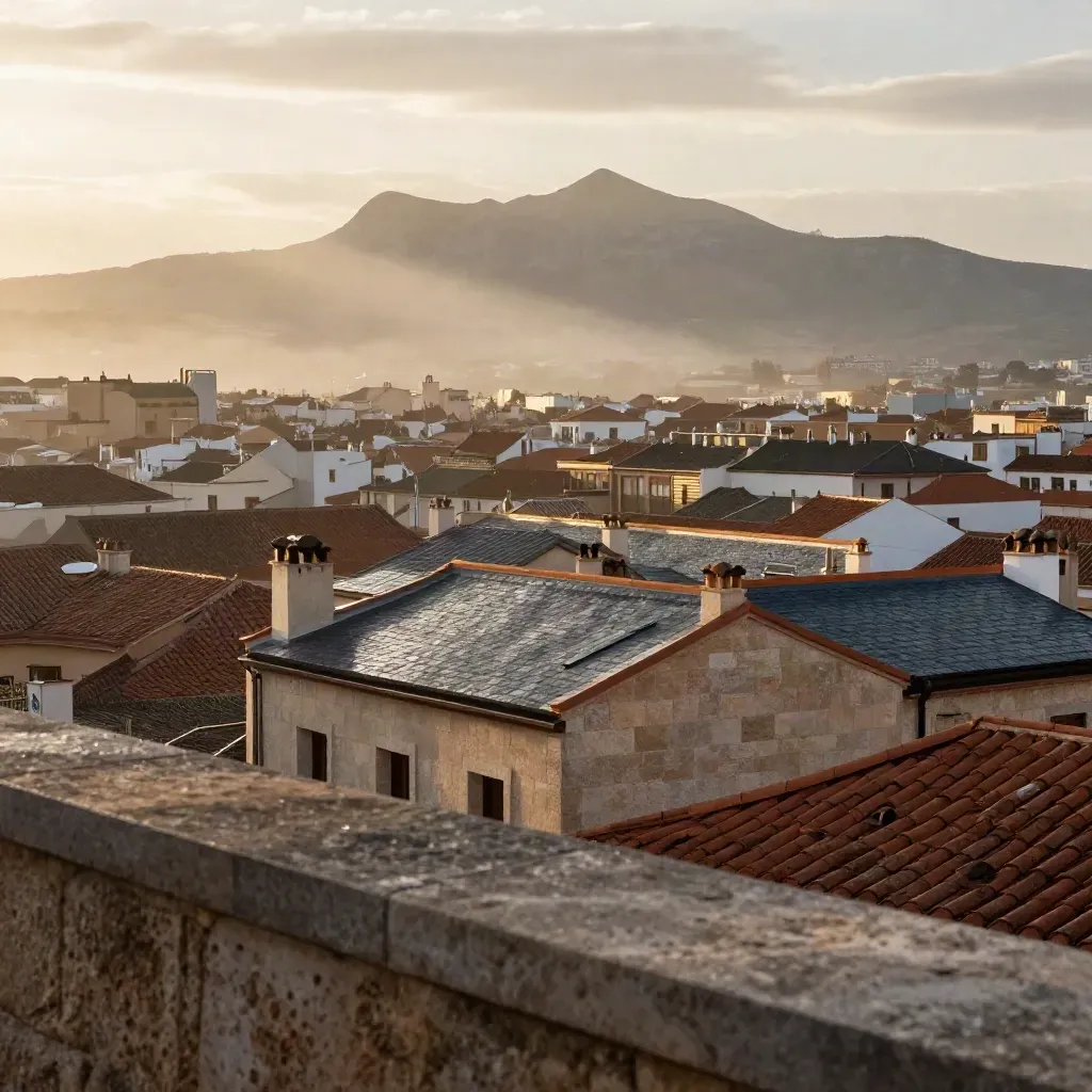 Vista amplia de Madrid al amanecer tras la lluvia, con tejados húmedos y la sierra al fondo.