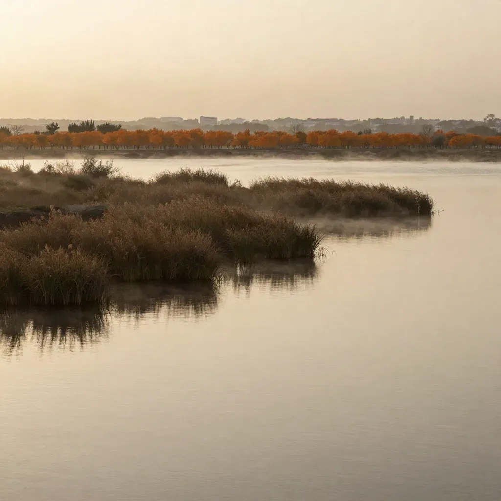 Niebla sobre la Albufera al anochecer, con naranjos y un leve borde urbano al fondo