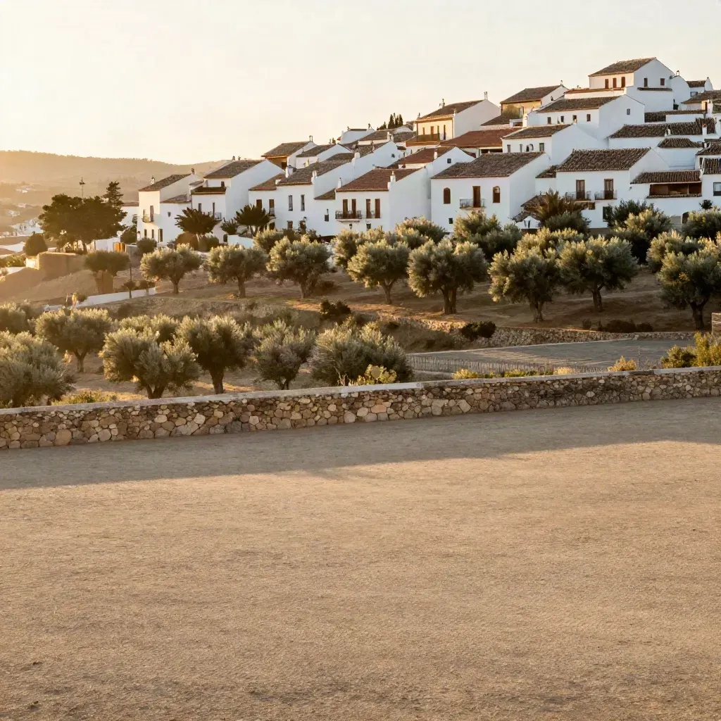 Vista elevada de Andalucía con pueblo blanco, tejas terracota y olivos en luz dorada.