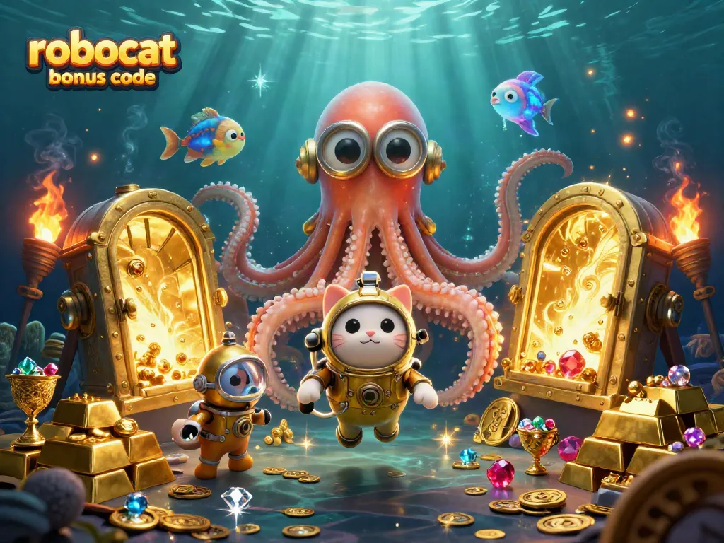 Claim big wins with robocat bonus code in vibrant casino-themed underwater scene.