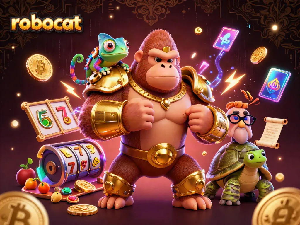 Robocat casino scene with a powerful gorilla, colorful chameleon, and a wise tortoise, emphasizing thrilling slots.